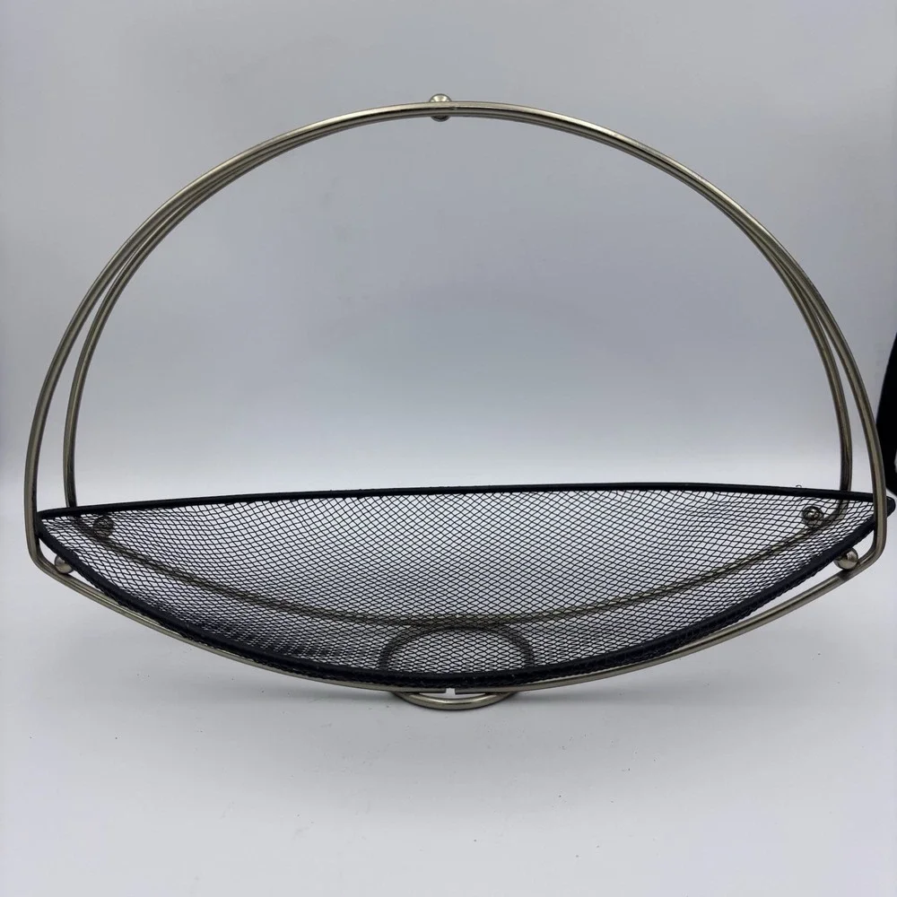 MCM Vintage Mesh Oval Table Metal Basket Black and Gold 14